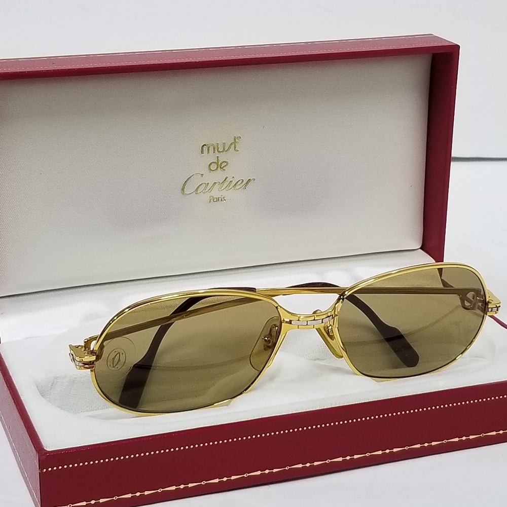 Vintage Cartier Sunglasses Panthere Gold Plated Frame Brown Lens 56-17-135 w/Box